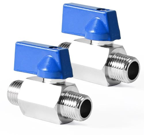 2 Stück Kugelhahn 1/4 Zoll, 1/4 AG x 1/4 AG Mini Kugelventile, G1/4 Zoll Messing Mini Kugelhahn Absperrhahn, Absperrschalter mit Blau Griff, Ballonhahnschalter DN8, für Wasser Öl Gas