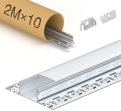 KOSOOM LED Profil 2m x 10 Stück, kompatibel mit LED-Streifen unter 20 mm, Aluminiumprofil Größe 2000 x 24,4 x 13,8 mm Kante 61,8 mm - mit vollständigem Zubehör