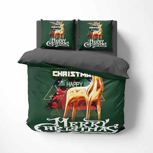 FEBE 3D Bettwäsche Happy Christmas Weihnachten Bettbezug-Set 135x200 + Kissenbezug 80x80 cm Wendebettwäsche 2 Teilig mit Reißverschluss Mikrofaser Winterbettwäsche Duvet Cover