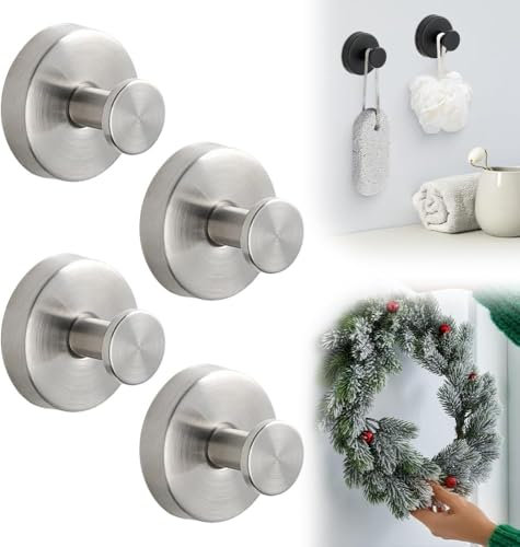 HOIDOKLY Lot de 4 crochets à ventouse pour couronnes sur verre, fenêtre, porte, miroirs de salle de bain - Sans perçage - Pour suspendre des serviettes de douche, des couronnes - Argenté