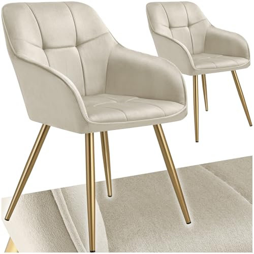 tectake® Samt Stuhl, Esszimmerstuhl mit Stepp Samtstoff, Küchenstühle modern, gemütlicher Sessel Wohnzimmer, Armlehnstuhl Esszimmer, Dining Lounge, Schminktisch Stuhl - Creme/Gold, 2er Set