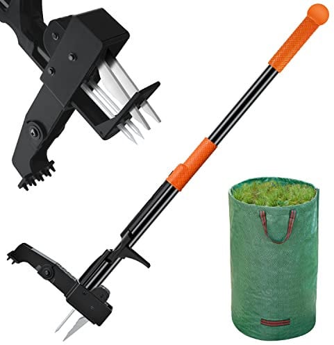 Unkrautstecher zum Aufstellen – 101,6 cm Langer Unkrautstecher + Gartentasche, 4 Krallen aus Edelstahl und klappbarem Fußbrett, einfache Unkrautentfernung, kein Bücken