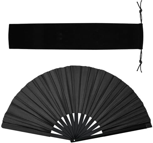 HINGTAI Éventail à main, éventails à clapet, baleines en bambou pour danse en ligne, pliable, style chinois, artisanat, rave, pliable, charmant, style rétro, grand, noir, pour femmes
