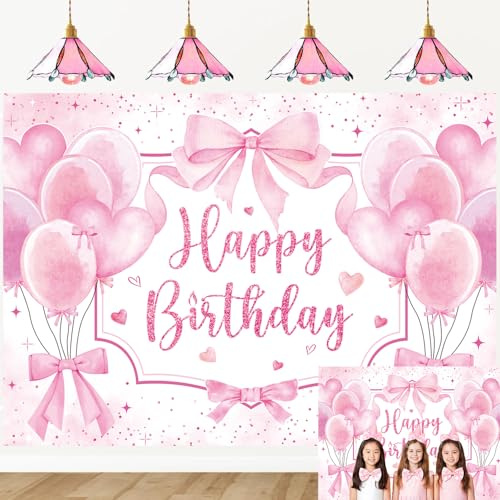 Pink Bow Happy Birthday Backdrop 7X5FT Pink Bow Birthday Coquette Photography Background for Girls Women Coquette Bachelorette Party Decorations Backdrop (82 x 59 inch)