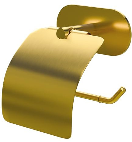 Amig - Selbstklebender Toilettenpapierhalter mit Deckel Mod. Ea-4 | WC-Rollenhalter Klebebefestigung ohne Schrauben | 140 x 125 mm | Edelstahl | Matt Gold