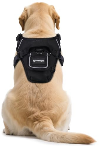 Hjumarayan Hundegeschirr Grosse Hunde, Anti Zug Hundegeschirr mit Frontring, mit Tasche für GPS Tracker, Geschirr Gepolstert mit Griff, Anti Zieh Geschirr für Bulldogge, Husky, Labrador, Schwarz L