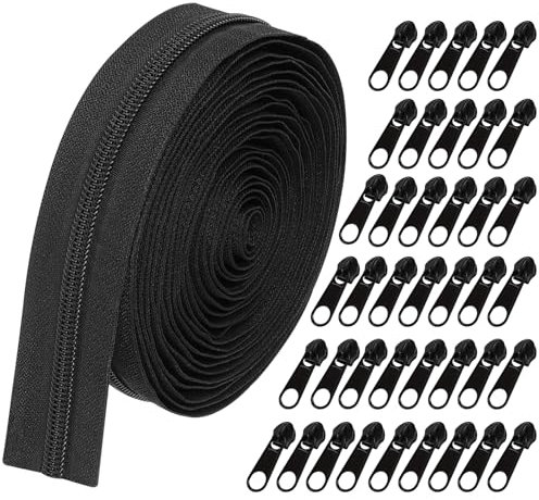 Richunie Cerniere Lampo Nera con Zip, Cursore Cerniera Ricambio, 5mm Cerniera Lampo per Giubbotto in Nylon da 10m al Metro e 40 Zip Cerniera in Metallo per Giubbotti Abbigliamento Borse Astucci