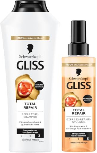 Gliss Shampoo (400 ml) & Express-Repair-Spülung (200 ml) Total Repair mit flüssigem Keratin & Blüten-Nektar für trockenes und geschädigtes Haar, Pflegespülung mit Hitzeschutz bis zu 230 °C