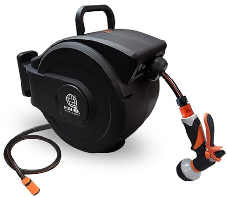 Hose Reel Pro Retractable Garden Hose Reel - Black Case/Black Hose, 15m Wall-Mounted Garden Hose with Automatic Rewind, 8-Function Spray Nozzle, 150° Swivel Bracket, Heavy-Duty Leak-Proof Design