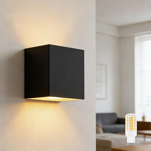 Cinsenten LED Wandlampen Aussenbereich mit G9 LED Lampe Warmweiß 3000K, Up and Down Cube Wandleuchten Innen Einstellbar Abstrahlwinkel für Wohnzimmer Hauswand (Matt Schwarz, 1 Stück)