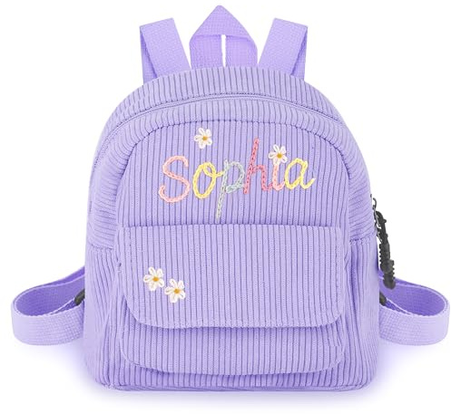 IBLUCTRY Mini zaino personalizzato in velluto a coste con nome ricamato, zaino carino per bambini asilo nido, borse scolastiche per ragazze e ragazzi, regali per il ritorno a scuola, 19*19cm, Viola