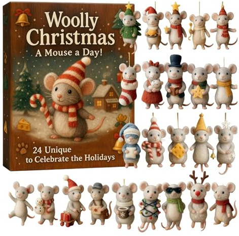 Mäuse Adventskalender 2025, Weihnachts Countdown Kalender Mit 24 2D Acryl Niedliches Mäuse Ornament Weihnachts Dekoration Für Baumzweige Fensterbänke Wand Tür