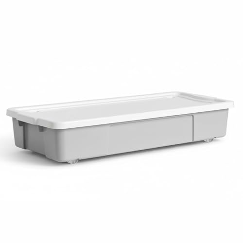 KYY'Z - 47L Wheeled Underbed Storage Boxes Plastic Storage Containers on Wheels Ideal for Clothes Toys Bedding Organiser Stackable Home Bedroom Storage Grey Box with White Lid