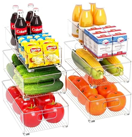 Famhap Kühlschrank Organizer Stapelbar 8 Stück | 3Größen, Transparent Griffig, Rutschfest & Platzsparend, PET-Material, für Küche Speisekammer Bad Büro