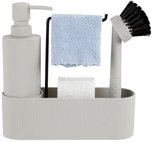 GAHEFY Seifen und Spülmittelspender Set für Küchen mit Seifenspender Spülbürste Schwamm Spültuchhalter, Badezimmer Seifenspender Set für Bad, Küchen Organizer Spüle Schmal (Beige)