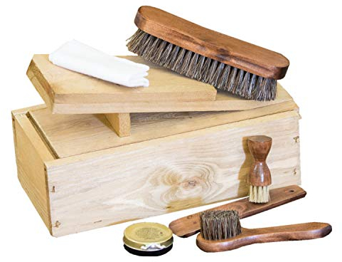 Wooden Shoe Shine Box with 6 Piece Polish Kit