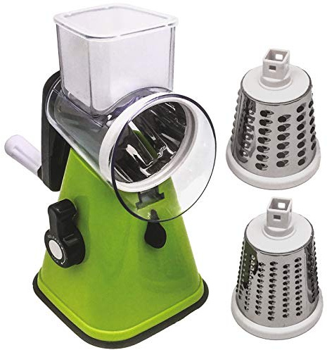 Burwells Manual Vegetable Fruit Cheese Slicer Suction Base Rotary Grater Shredder Slicer Hand Operated Crank Grinder Cutter 3 Stainless Steel Drum Blades Green Mandoline Multi-Function Round Rotary