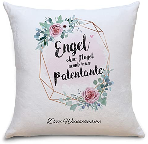 OWLBOOK Engel Patentante Flauschiges Kissen mit Aufdruck Personalisiert mit Namen Geschenke Geschenkideen für Patentante Patin zum Geburtstag Zierkissen mit Füllung