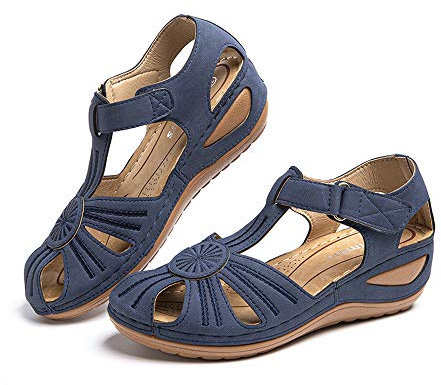 Hitmars Sandales Femme Été Chaussons Plage Piscine Casual Sandales Faux Cuir Intérieur Loafers Vintage Antidéparant D-Bleu 39