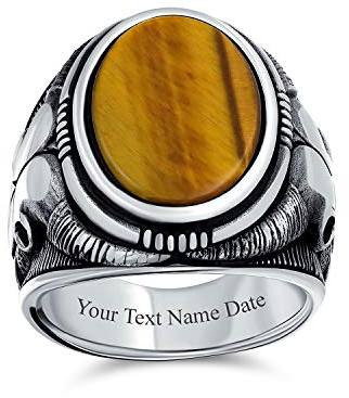 Herren Signet Ring Braunem Tigerauge Oval Edelstein Im Western Stil Mit Texas Longhorn Büffel Kuh Schädel Antilopen Ziegen Schädel .925 Sterlingsilber Hergestellt In Der Türkei Individuell Graviert