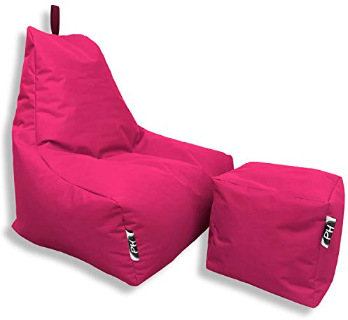 PATCH HOME Patchhome Sitzsack Lounge Sessel + Würfel/Hocker mit Reißverschluss Gamer Sitzkissen fertig mit Styropor Füllung befüllt H:90cm | T:78cm | B:82cm + 35x35cm Würfel Pink