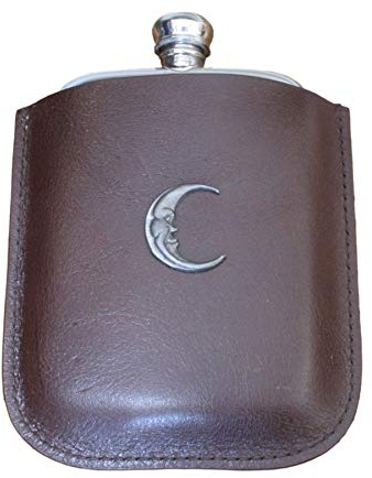 Man in The Moon English Pewter 4 Oz Traditional Hip Flask in Brown Leather Pouch Free Engraving 511