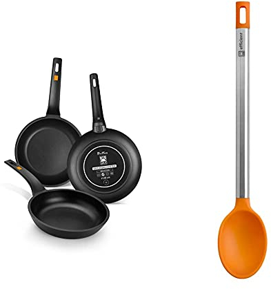 BRA Efficient-Set De 3 Sartenes, 20-24-28 Cm, Aluminio Fundido con Antiadherente Platinum Plus, Negro + Efficient Cuchara De Cocina, Acero INOX, Nailon Y Silicona, Naranja, 35 Cm