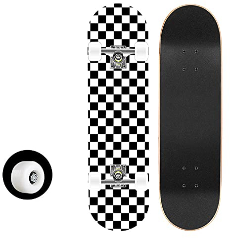 Skateboard Karo Weiß Schwarz Skateboard Kinder ab 8 Jahre 80x20cm 7-Lagigem Ahornholz Longboard Double Kick Komplett für Anfänger Jungen Mädchen Erwachsene Profi Penny Board