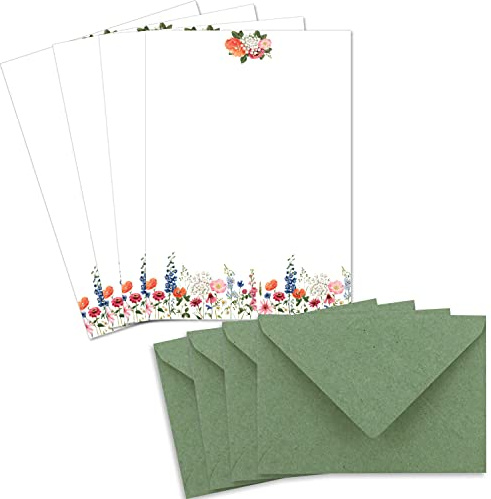 25 Briefpapier-Sets DIN A5 - Naturpapier in Creme mit Blumenwiese - mit Briefumschlägen DIN C6 in Grün Briefbogen bedruckbar ideal für Hochzeitseinladungen