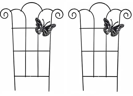 Flueyer 2 Pcs Plant Trellis for Climbing Plants outdoor, Black Coated Fan Pot Trellis with Butterfly Garden Metal Support Stake for Indoor Outdoor Vines Flower Vegetable