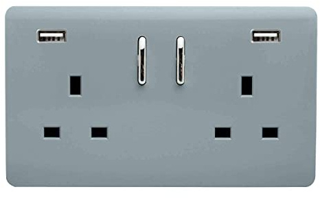 Trendi 2 Gang Artistic Modern Glossy 13 Amp 2 x 3.1mA USB Switched Plug Socket Cool Grey