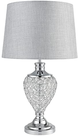 Lighting Supermarket Hepburn Large Crystal Glass Table Lamp with Matching Grey Linen Shade - Silver Chrome