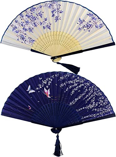 Eventail Mariage, 2 pcs Eventail Japonais Éventails à main pliables en bambou avec pompon pour femme, Mariage Fête,Mur Décoration