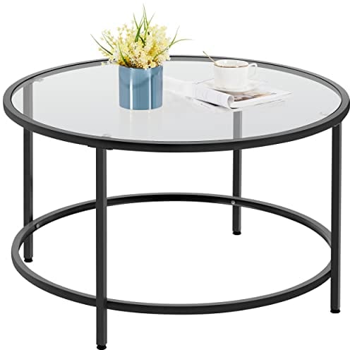 Yaheetech Round Coffee Table with Sturdy Metal Frame, Glass Coffee Table for Living Room, Modern Sofa End Table, Black