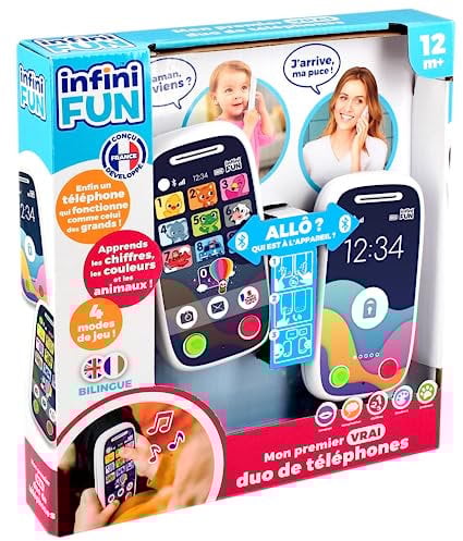 Infini Fun - Mon Premier Vrai Duo de téléphones - Le Premier téléphone Qui Permet de Passer des appels Via Bluetooth ! - Jouets d'imitation Multi-apprentissages bilingue Français/Anglais dès 12 Mois