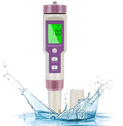 Flintronic pH-mätare, 5-i-1 TDS/EC/salthalt/temp./pH-testare pool, digital pH-mätare, digital pH-mätare, automatisk temperaturkompensation, exakt LCD-display, för pool, spa