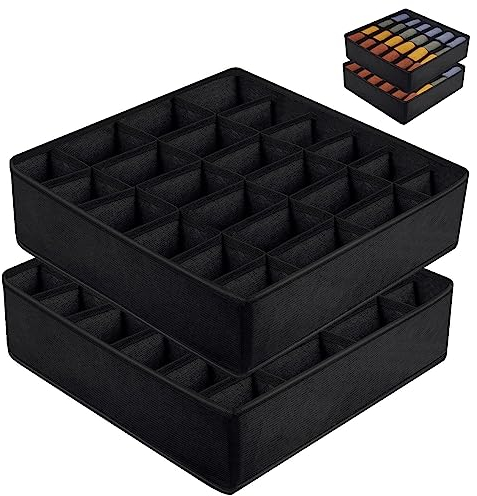 Aufbewahrungsboxen für Socken und Unterwäsche, 2 Stück 24 Zellen Faltbare Boxen Schubladen Organizer Stoffboxen Ordnungssystem Kleiderschrank zum Home Schlafsaal (Schwarz)