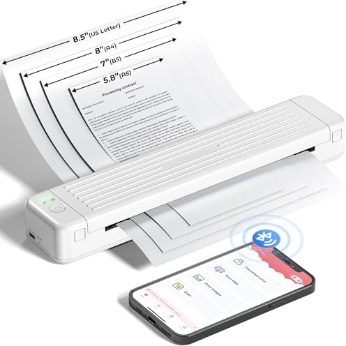 ASprink Mobiler Drucker A4 für Unterwegs, Tragbarer Drucker Thermodrucker A4 P831 für US Letter/A4/B5/A5, Drucker Klein Kompakt für Normalpapier/Thermopapier mit 1 P831 Use Ribbon - Weiß