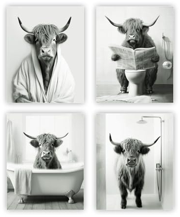 heilkee Schwarz-weißes Hochlandkuh, Badezimmer-Dekor, lustiges Tier, Badezimmer-Wandkunst, modernes Bauernhaus, Wanddekoration, Rind in der Badewanne, Bild, Kuh in Toilette, Poster, Drucke, 4 Stück