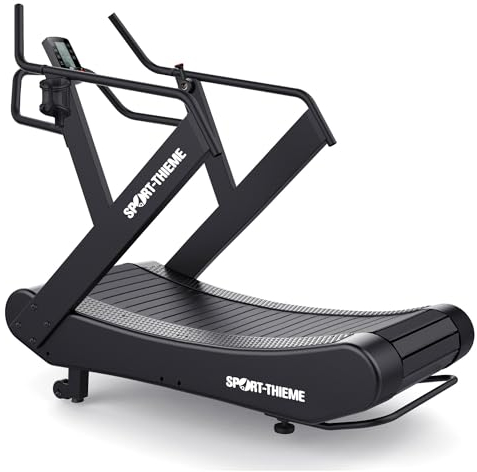 Sport-Thieme Laufband T850 | Profi Laufband | konkavgeformte Lamellenlauffläche | bis 150 kg Benutzergewicht | Geschwindigkeit, Kalorien, Zeit, Distanz, Watt | 48 cm Laufflächenbreite