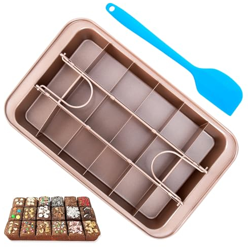 RUCUDIM Brownie - Teglia da forno Brownie con pareti divisorie e spatula, antiaderente e rivestita, per cuocere mousse, torte, pane, biscotti, pizza quadrata (31,5 x 19,3 cm)