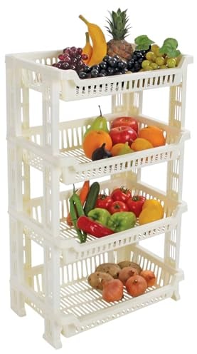 Best House 4 Layer Fruit and Vegetable Storage Basket, 4 Tier Stackable Fruit & Vegetable Shelves Plastic Basket for Kitchen Counter Slim Shelf Space Saving for Bathroom Kitchen & Office (White)