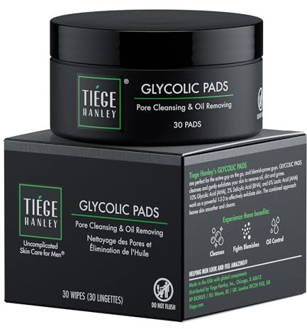 Tiege Hanley Glykolsäure-Pads für Männer, 1 Stück, Peeling-Pads zur Gesichtsreinigung für Stirn, Nase und Wangen – M