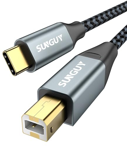 SUNGUY Cable USB B a USB C, Cable de impresora 3 Metros USB C, Cable de Escáner de Nailon con Conector Dorado para MacBook Pro/Air, Matebook, Dell, HP, Canon, escáner, piano digital, MIDI-Gris