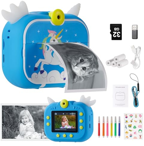Kinderkamera, Sofortbildkamera, Digitalkamera für Kinder 1080P 16X Digitalzoom 2.4 Bildschirm mit 32G TF Karte und 4 Rollen Druckpapier, 6 Farbigen Stiften, 3 Aufkleber Geschenk(Blau)