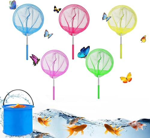AHYDFSR Teleskop Kinder Kescher, 5 Stück Kescher Set, Kinder Schmetterling Net, Con Faltbarer Eimer, Fischernetz Ausziehbar, Zum Fangen von Insekten Bugs Angeln Fische Garten Pool Outdoor