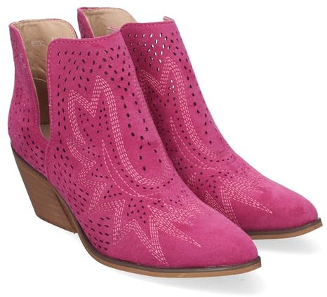 83886 Botines de Tacon Campero para Mujer Primavera Verano Elegantes y Comodos, Diseno Perforado con Estampado en la Pala, Cualquier ocasion. Fucsia Talla 36
