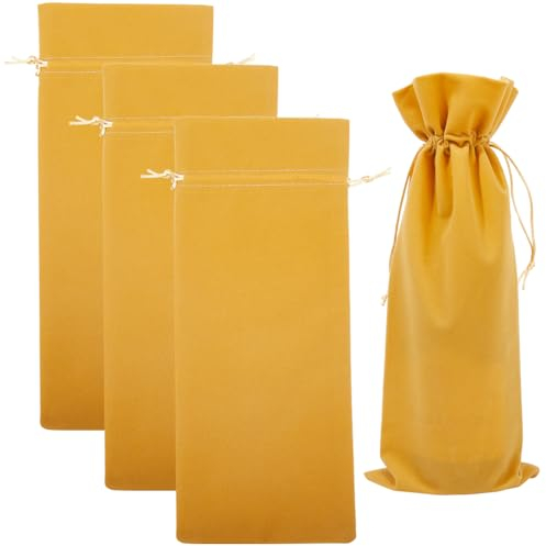 Beebeecraft 4Pcs Double Drawstring Wine Bottle Bags Velvet Wine Champagne Wrapping Bag Gold Reusable Gift Packing Pouches 14.76x5.98in for Birthday Dinner Wedding Party