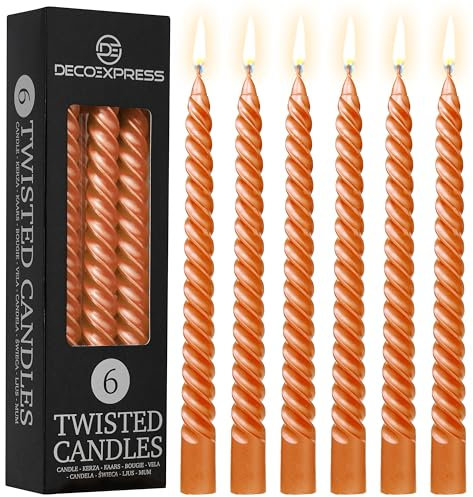 DECO EXPRESS Stabkerzen Set 3er oder 6er Tropffreie Stabkerzen Gedrehte Spiralkerzen Bunte Kerzen Brenndauer 6 Stunden Unparfümiert (Metallic-Orange – 6er-Pack)