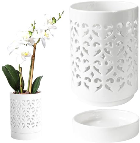 Orchid Pots with Holes 4 Inch Orchid Planter, Breathable Orchid Pots for Repotting Ceramic Plant Pot with Saucer for Orchid Promotes Air Circulation Plant Growth WhiteOrchid Pot Orchid Pots With H